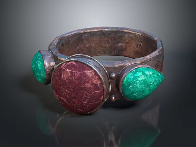 Vintage Accessory Ring With Metallic Band Central Round Red Gem And Side Teardrop Green Stones 3d model
