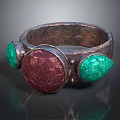 Vintage Accessory Ring With Metallic Band Central Round Red Gem And Side Teardrop Green Stones