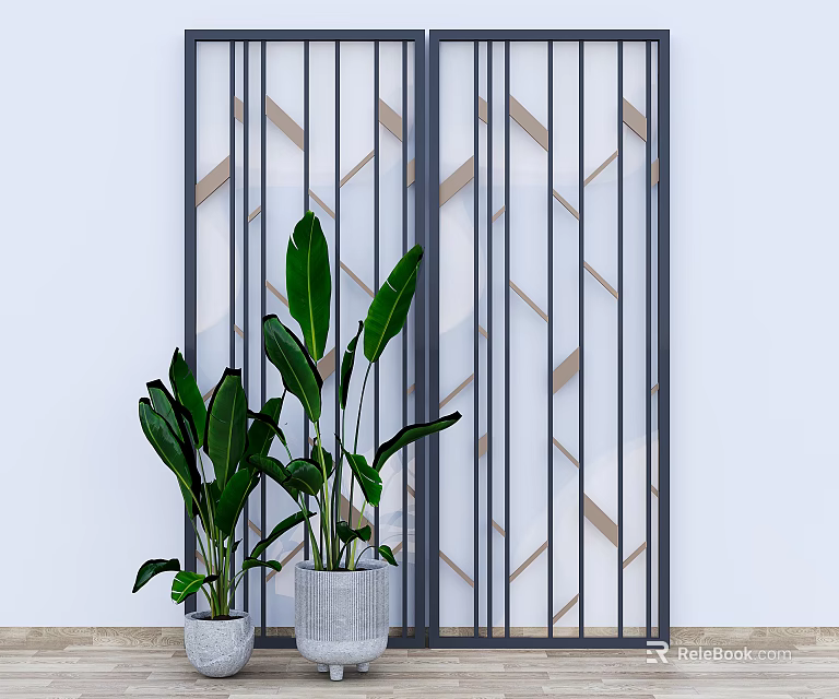 Modern Room Divider With Geometric Pattern Black Frame And Green Plants For Interior Decor 3d model
