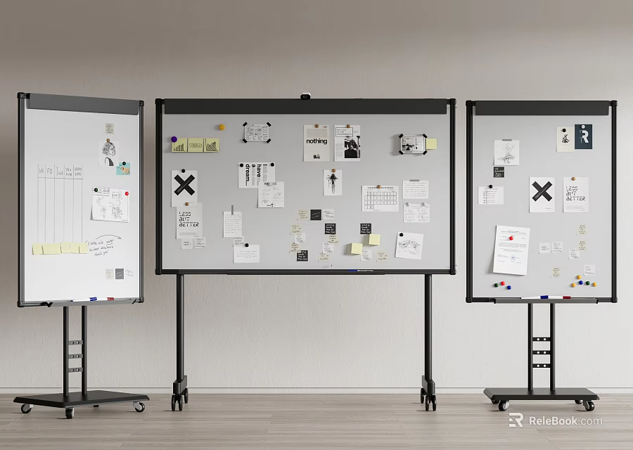 Three Office Whiteboards With Sticky Notes Charts And Photos On Stands 3d model 