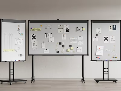 Three Office Whiteboards With Sticky Notes Charts And Photos On Stands 3d model