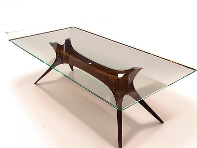 Modern Coffee Table With Glass Top And Dark Wooden Curved Legs 3d model