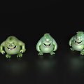 Three Green Game Movie Characters With Different Expressions Standing In Black Background