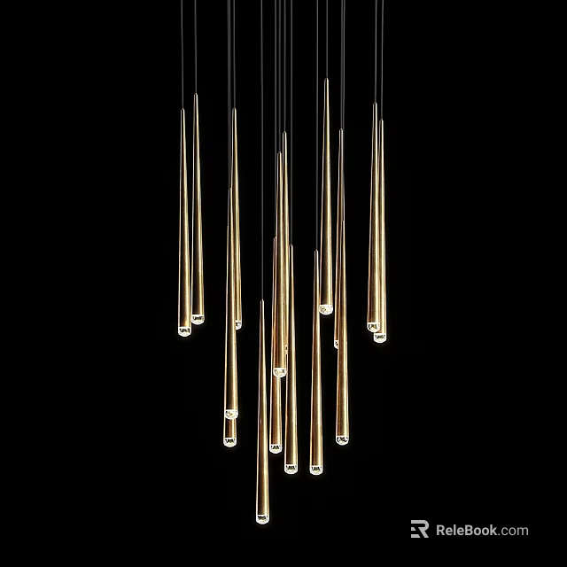 Slender Golden Chandelier with Vertically Hanging Rods in Black Background Modern Design 3d model 