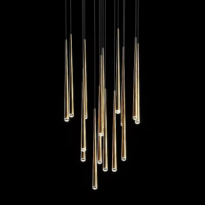 Slender Golden Chandelier with Vertically Hanging Rods in Black Background Modern Design 3d model