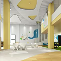 Kindergarten Interior Featuring Colorful Decorations Elephant Design White Tables Chairs Yellow Columns and Green Turf