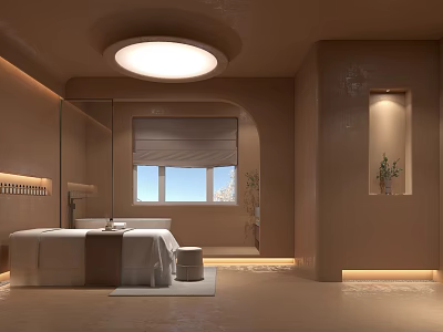 Relaxing SPA Sauna Room With Treatment Bed Warm Lighting And Greenery 3d model