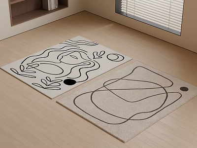 Modern Minimalist Square Rugs With Abstract Line Patterns And Black Dot Accents On Wooden Floor 3d model