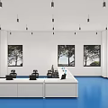 Industrial Workshop Interior With Blue Floor White Workbench Blue Shelves And Yellow Crane