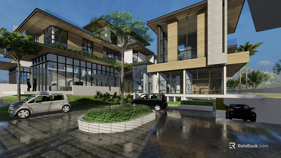 Modern Design Detached Villa With Large Glass Windows Wooden Exterior Green Plants And Driveway 3d model 