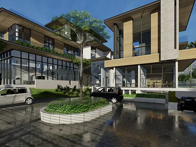 Modern Design Detached Villa With Large Glass Windows Wooden Exterior Green Plants And Driveway 3d model