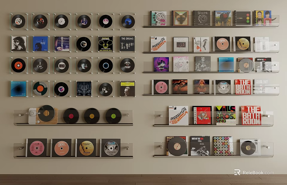 Vintage Vinyl Records Wall Display With Colorful Album Covers And Shelves 3d model 