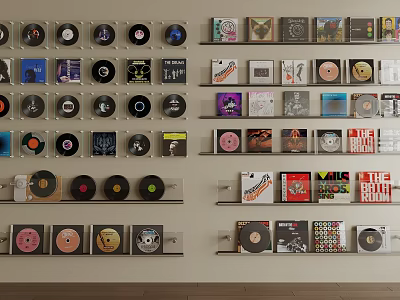 Vintage Vinyl Records Wall Display With Colorful Album Covers And Shelves 3d model