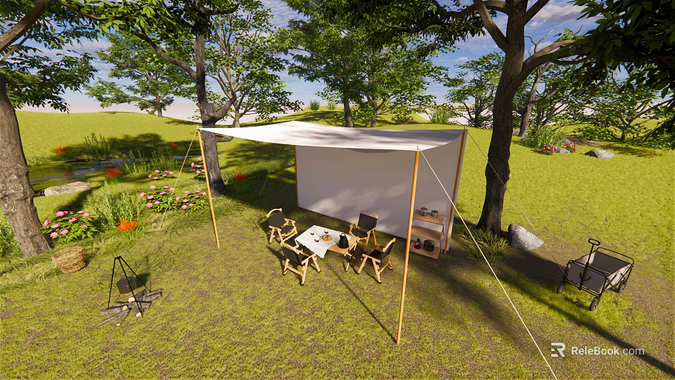 Tranquil Garden Landscape With Canopy Seating Trees Lush Grass And Flowers 3d model 