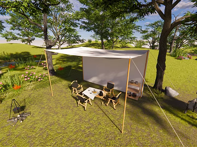 Tranquil Garden Landscape With Canopy Seating Trees Lush Grass And Flowers 3d model