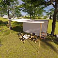 Tranquil Garden Landscape With Canopy Seating Trees Lush Grass And Flowers
