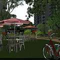 Garden Landscape with Green Lawn Tables Chairs Striped Umbrellas Bicycles Trees Near High Rise Buildings