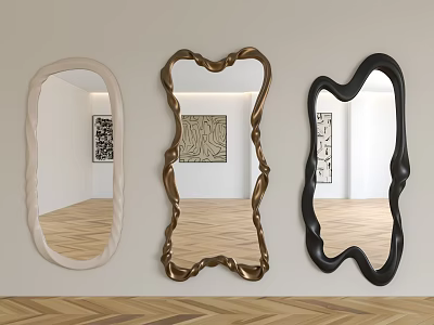 Decorative Mirrors With Curved White Gold Black Frames Reflecting Herringbone Wood Floor And Wall Art 3d model