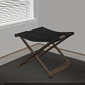 Wooden Cross Leg Folding Stool With Black Leather Seat In Minimalist Interior