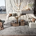 Modern Living Room Interior With Beige Sofa Coffee Table Gold Chandelier And Textured Wall