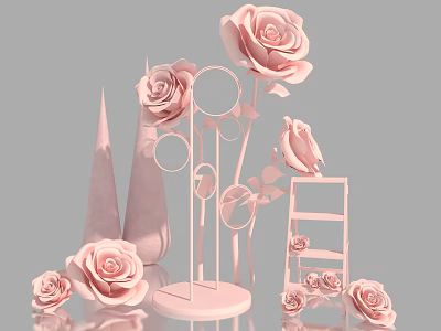 Elegant Pink Rose Art Installation With Circular Decor Ladder Structure And Cone Shapes 3d model