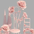 Elegant Pink Rose Art Installation With Circular Decor Ladder Structure And Cone Shapes