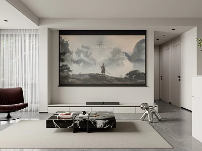 Modern Minimalist Living And Dining Room Interior With Large Projection Screen And Marble Coffee Table 3d model