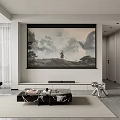 Modern Minimalist Living And Dining Room Interior With Large Projection Screen And Marble Coffee Table