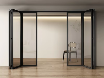 Contemporary Style Black Frame Glass Folding Doors Open in Modern Interior Space 3d model