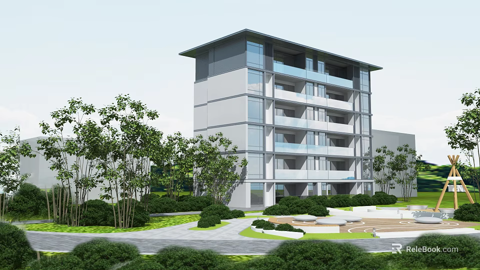 Modern Residential Building Exterior With Glass Facade Balconies And Landscaped Gardens 3d model 