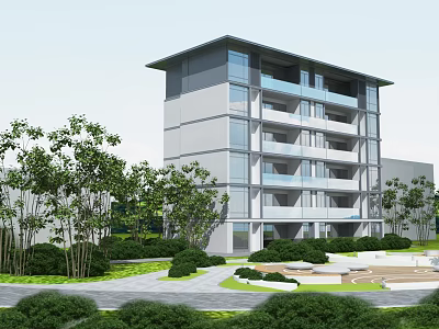 Modern Residential Building Exterior With Glass Facade Balconies And Landscaped Gardens 3d model