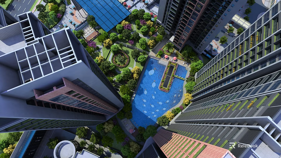 Aerial Planning of Urban High Rise Buildings with Green Spaces and Water Pool 3d model 