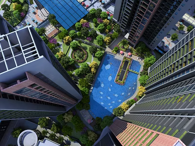 Aerial Planning of Urban High Rise Buildings with Green Spaces and Water Pool 3d model