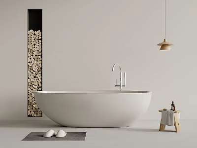 Modern Bathroom Interior Featuring Freestanding White Bathtub Wood Stack Pendant Light And Stool 3d model