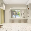 Modern Bridal Shop with White Wedding Dress Display Beige Curtains Wall Art And Round Tables