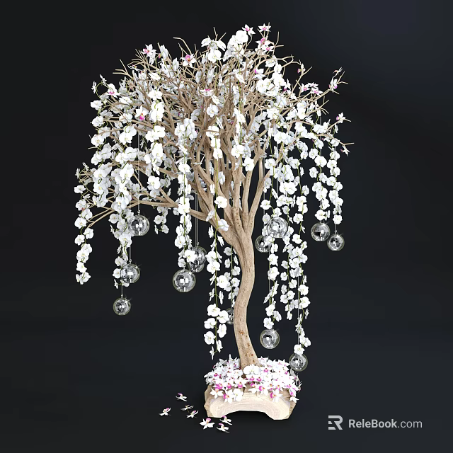 Ornamental Arbor with White Blossoms Crystal Pendants and Wooden Trunk Decorative Base 3d model 