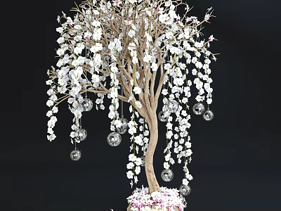Ornamental Arbor with White Blossoms Crystal Pendants and Wooden Trunk Decorative Base 3d model