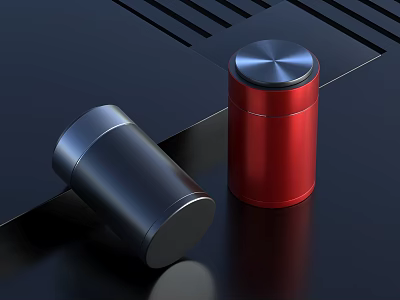 Black And Red Metal Cylindrical Containers With Silver Top Lids On Dark Surface 3d model