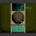 Windmill Model With Red Blades Black Center Yellow Tower Brown Roof Green Grass Blue Water