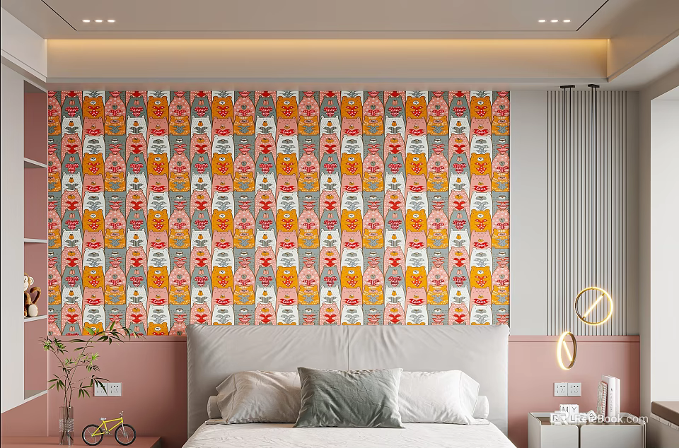 Modern Bedroom Wall With Colorful Repeating Cartoon Patterns And Vibrant Design Elements 3d model 