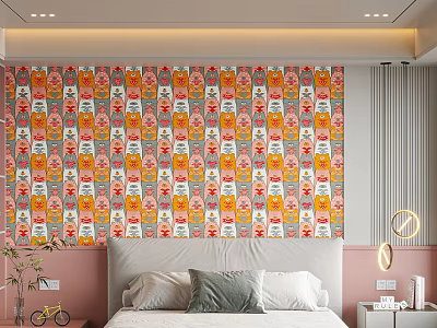 Modern Bedroom Wall With Colorful Repeating Cartoon Patterns And Vibrant Design Elements 3d model