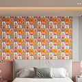 Modern Bedroom Wall With Colorful Repeating Cartoon Patterns And Vibrant Design Elements