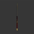 Curved Golden Blade Weapon With Red Handle And Intricate Golden Decorative Patterns