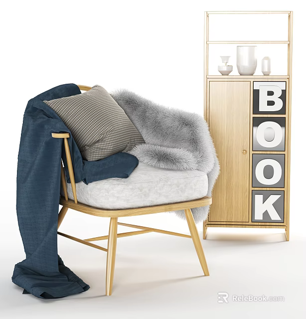 Wooden Frame Leisure Chair With Gray Cushion Striped Pillow Blue Blanket And Fur Throw 3d model 