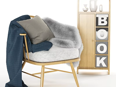 Wooden Frame Leisure Chair With Gray Cushion Striped Pillow Blue Blanket And Fur Throw 3d model