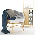 Wooden Frame Leisure Chair With Gray Cushion Striped Pillow Blue Blanket And Fur Throw