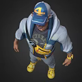 Game Movie Character Wearing Blue And White Jacket With Yellow Tool Bag And Glasses