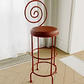 Red Frame Bar Stool With Spiral Backrest And Brown Leather Cushion 3d model