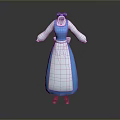 Blue And White Long Sleeve Dress With Apron Design Brown Shoes And Bow Decoration