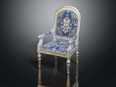 Elegant Ornate Chair With Blue Floral Upholstery And Gold Decorative Trim 3d model
